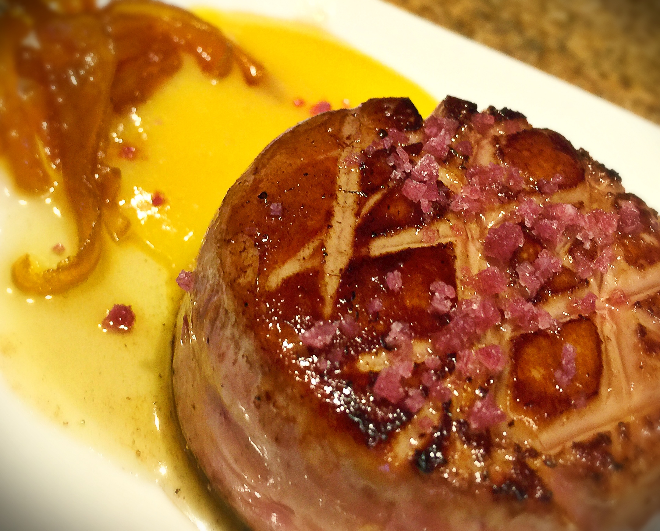 Foie Gras. Clementines Sweet and Spicy Sous Vide Sauce. Citrus Confit. Red Wine Aztec Sea Salt.